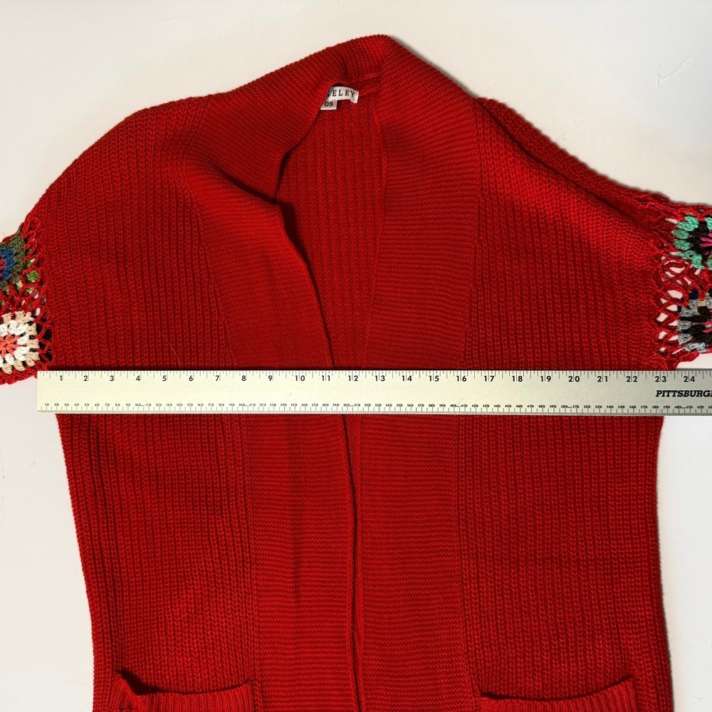 Blakeley Red Crochet Granny Square Sleeve Open Front Cardigan Sweater OS Womens - Picture 13 of 16